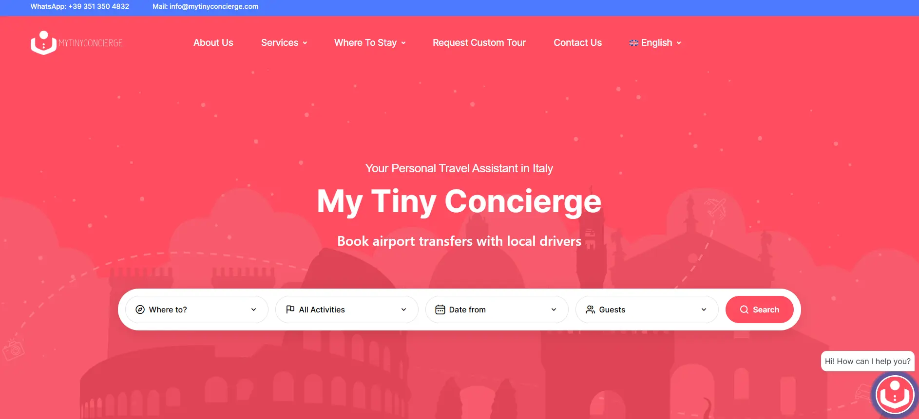Anteprima del sito di My Tiny Concierge, transfer aeroportuali e tour su misura