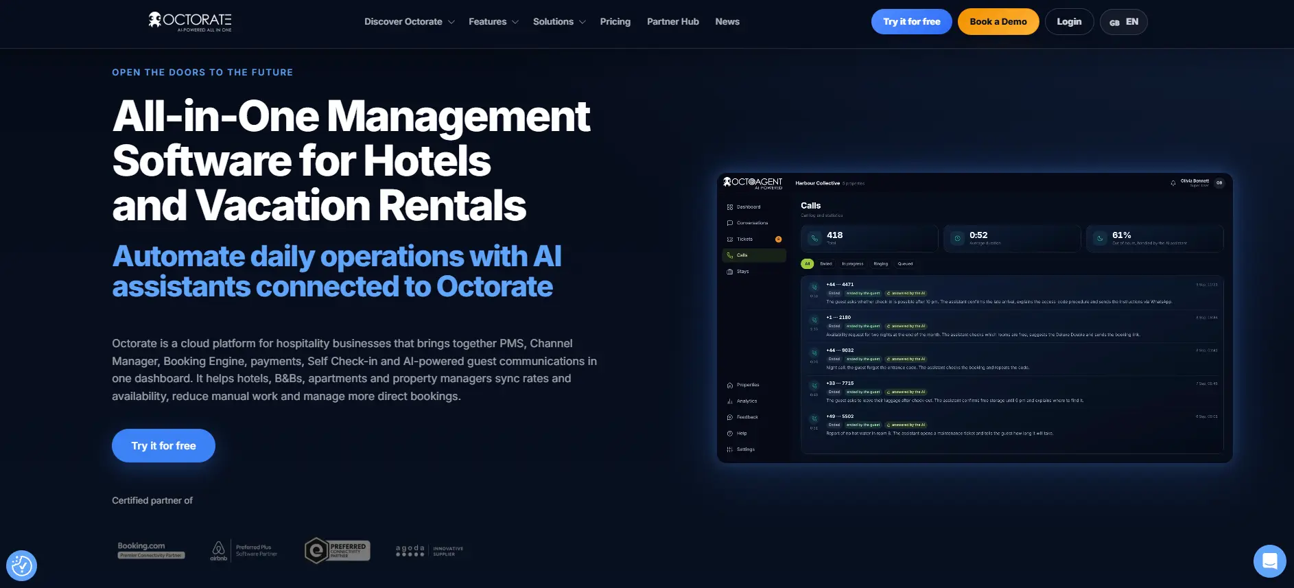 Anteprima del sito di Octorate, piattaforma cloud per hotel e case vacanza